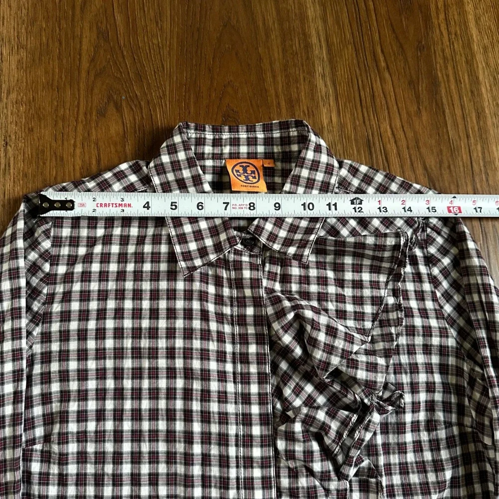 Tory Burch Ruffle Front Blouse Womens 12 Burgundy Plaid Cotton Excellent Preppy